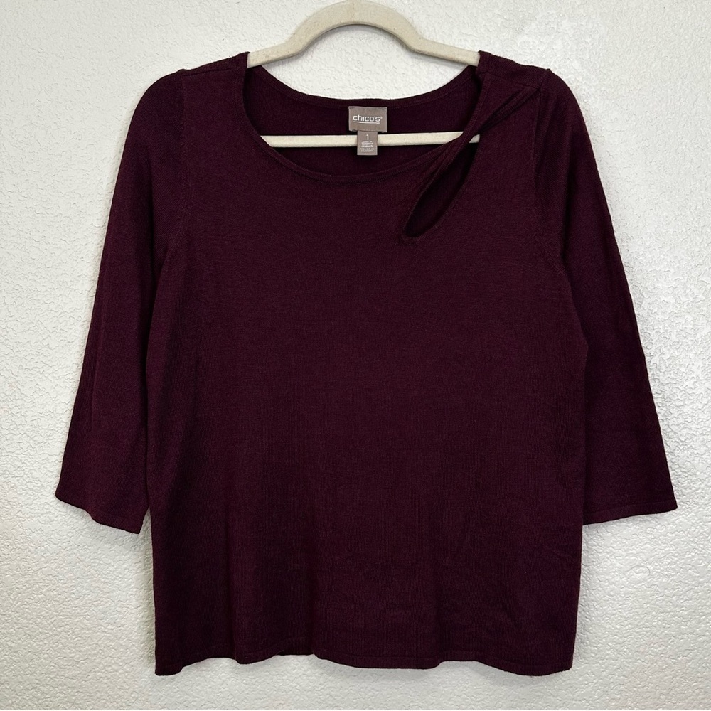 Chico's Burgundy Twisted Neck 3/4 Sleeves Top, Sz Medium